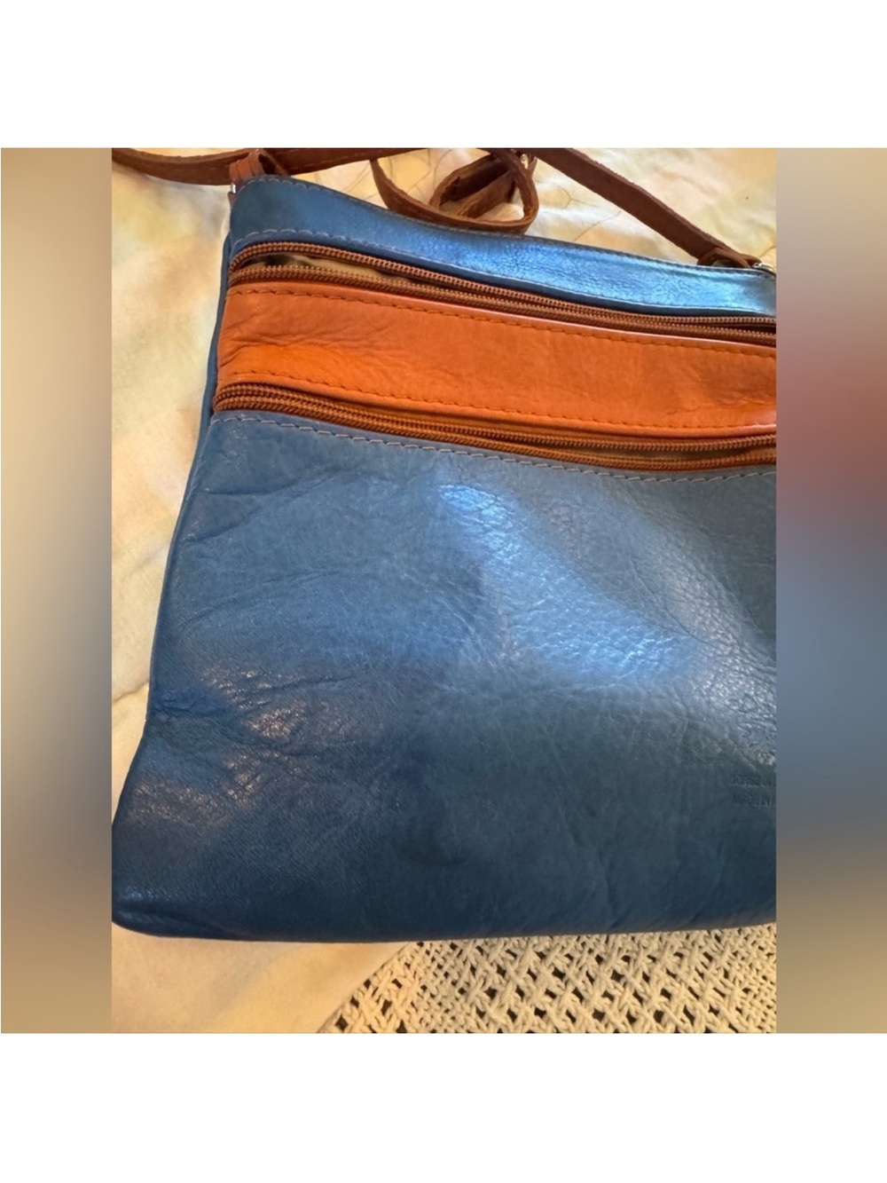 Italian Blue and Tan Leather Crossbody Bag water stain on bought in Italy